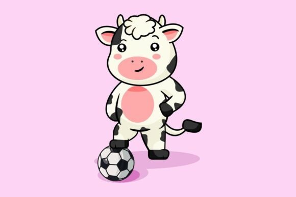 Cute Cow Playing Soccer Ball: A Kawaii Sports Illustration