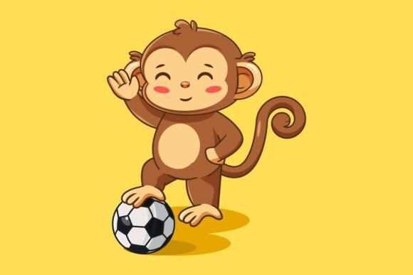 Cute Monkey Playing Football Soccer Ball